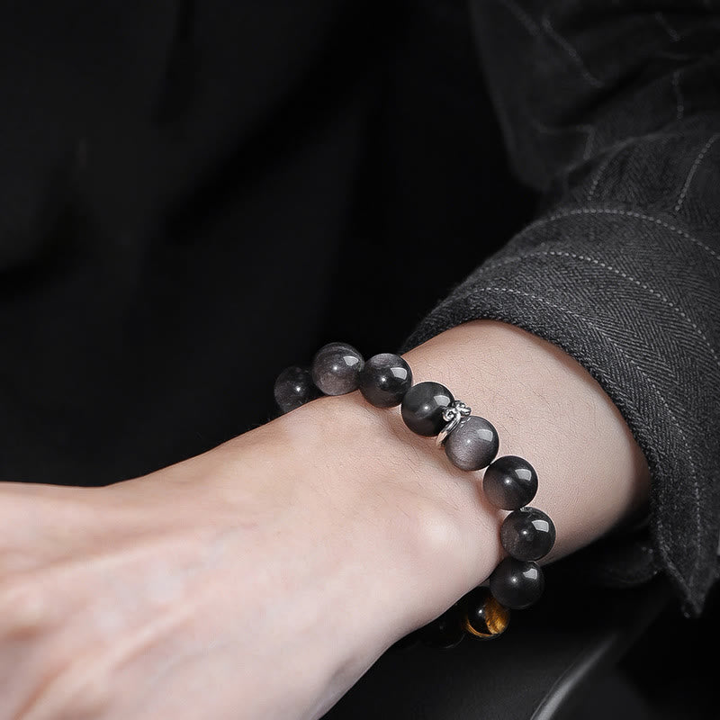 Bracelet de force en obsidienne naturelle argentée et œil de tigre avec six mots authentiques « om mani padme hum » 