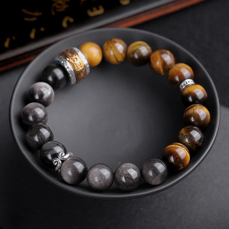 Bracelet de force en obsidienne naturelle argentée et œil de tigre avec six mots authentiques « om mani padme hum » 