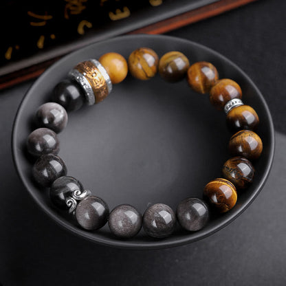 Bracelet de force en obsidienne naturelle argentée et œil de tigre avec six mots authentiques « om mani padme hum » 