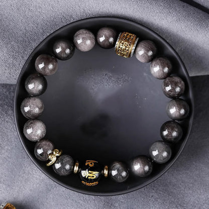 Bracelet de force en obsidienne naturelle argentée et œil de tigre avec six mots authentiques « om mani padme hum » 
