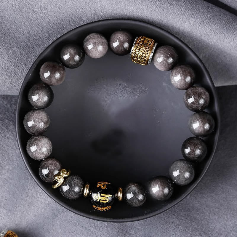 Buddha Stones Natural Silver Sheen Obsidian Tiger's Eye Six True Words 'om Mani Padme Hum'  Strength Bracelet