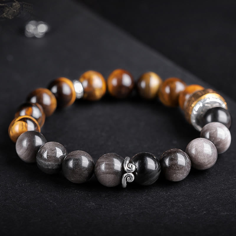 Bracelet de force en obsidienne naturelle argentée et œil de tigre avec six mots authentiques « om mani padme hum » 