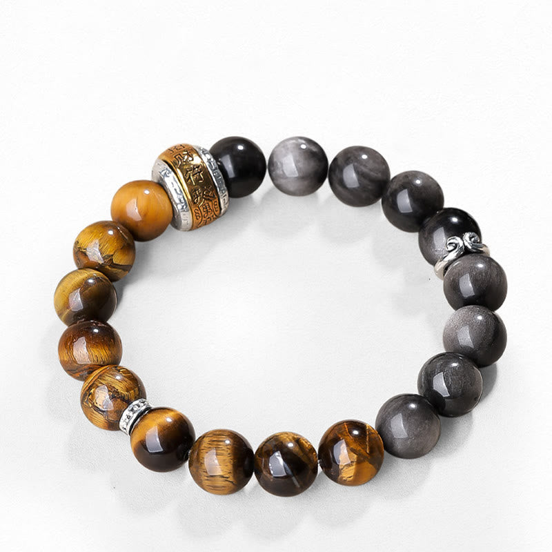 Bracelet de force en obsidienne naturelle argentée et œil de tigre avec six mots authentiques « om mani padme hum » 