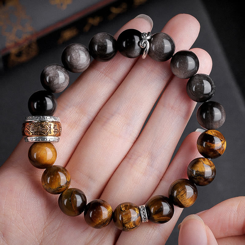 Bracelet de force en obsidienne naturelle argentée et œil de tigre avec six mots authentiques « om mani padme hum » 