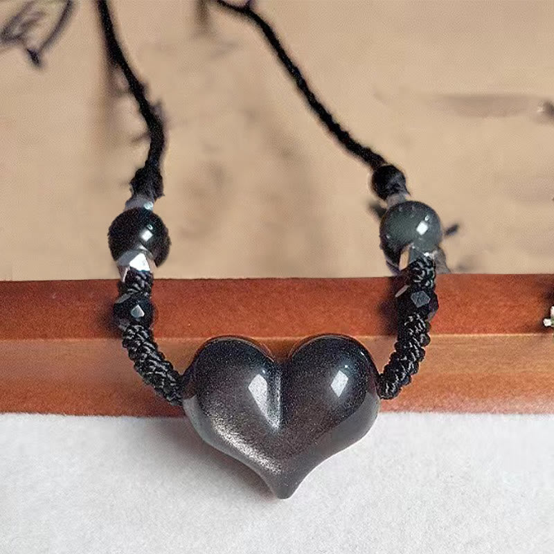 Collier avec pendentif en obsidienne naturelle argentée et brillante, protection du cœur