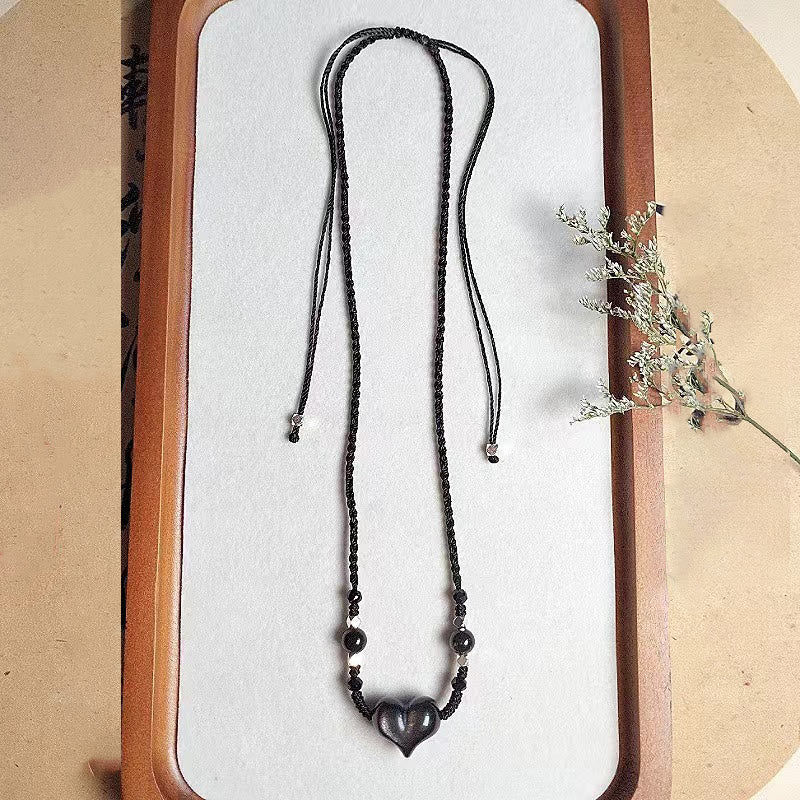 Collier avec pendentif en obsidienne naturelle argentée et brillante, protection du cœur
