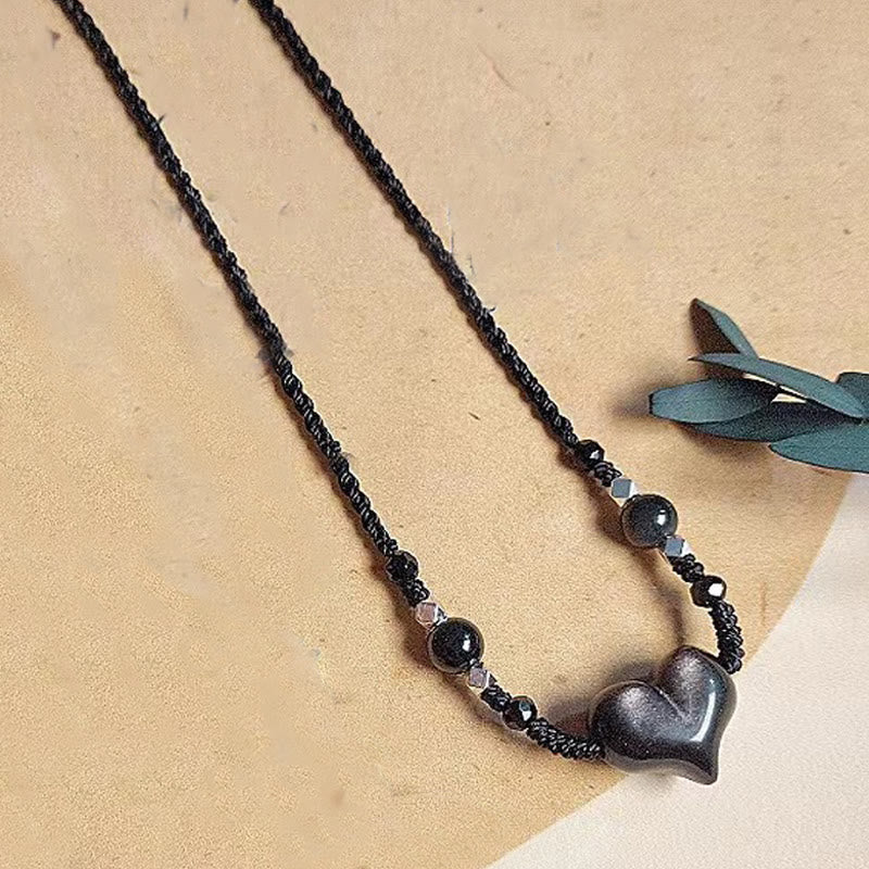 Collier avec pendentif en obsidienne naturelle argentée et brillante, protection du cœur