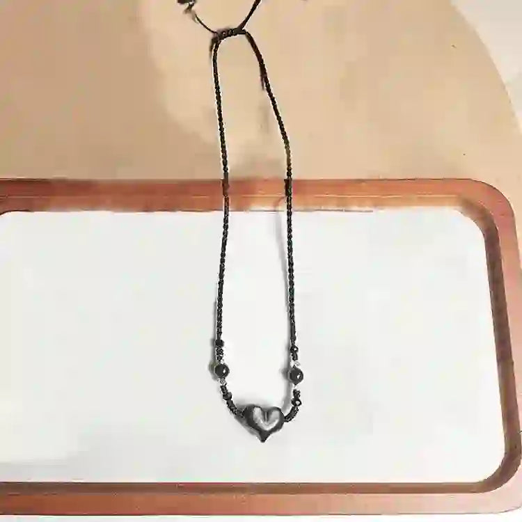 Collier avec pendentif en obsidienne naturelle argentée et brillante, protection du cœur