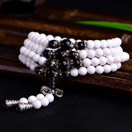 Buddha Stones 108 Mala Beads White Porcelain Six True Words 'Om Mani Padme Hum'  Patience Bracelet BS