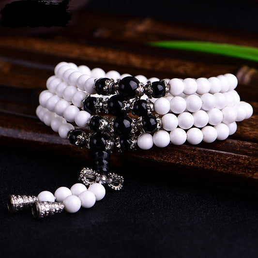 Bracelet Mala en porcelaine blanche avec 108 perles de Bouddha et six mots authentiques « Om Mani Padme Hum »