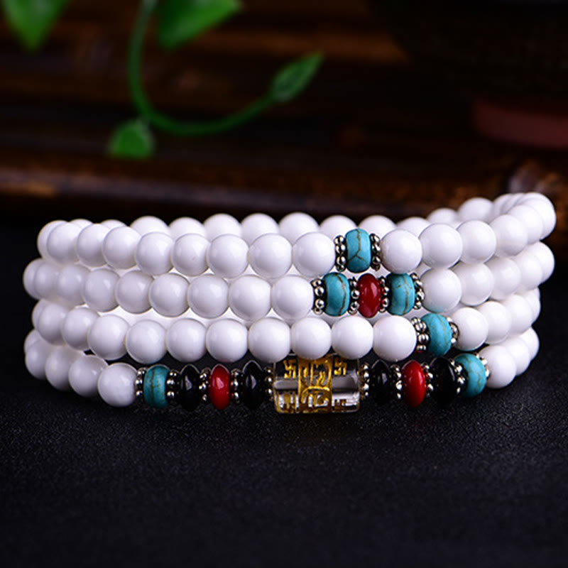 Buddha Stones 108 Mala Beads White Porcelain Six True Words 'Om Mani Padme Hum'  Patience Bracelet