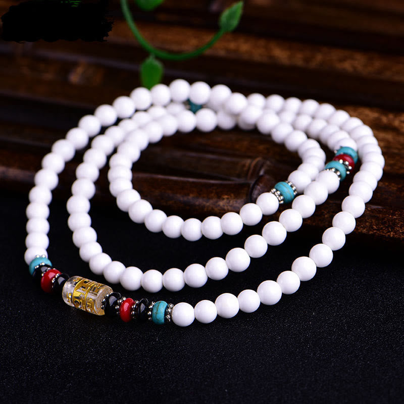 Buddha Stones 108 Mala Beads White Porcelain Six True Words 'Om Mani Padme Hum'  Patience Bracelet