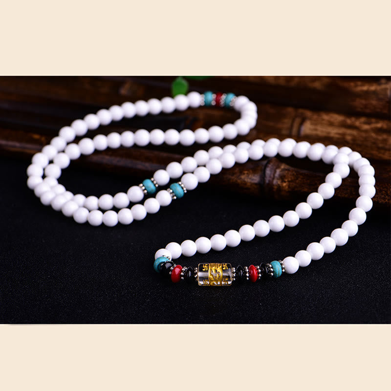 Buddha Stones 108 Mala Beads White Porcelain Six True Words 'Om Mani Padme Hum'  Patience Bracelet