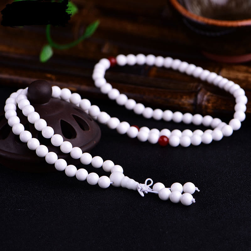 Bracelet Mala en porcelaine blanche avec 108 perles de Bouddha et six mots authentiques « Om Mani Padme Hum »