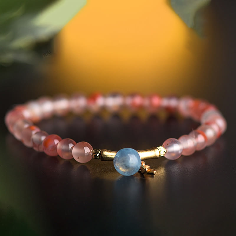 Buddha Stones South Red Agate Aquamarine Pearl Hetian Jade Bamboo Flower Fortune Bracelet