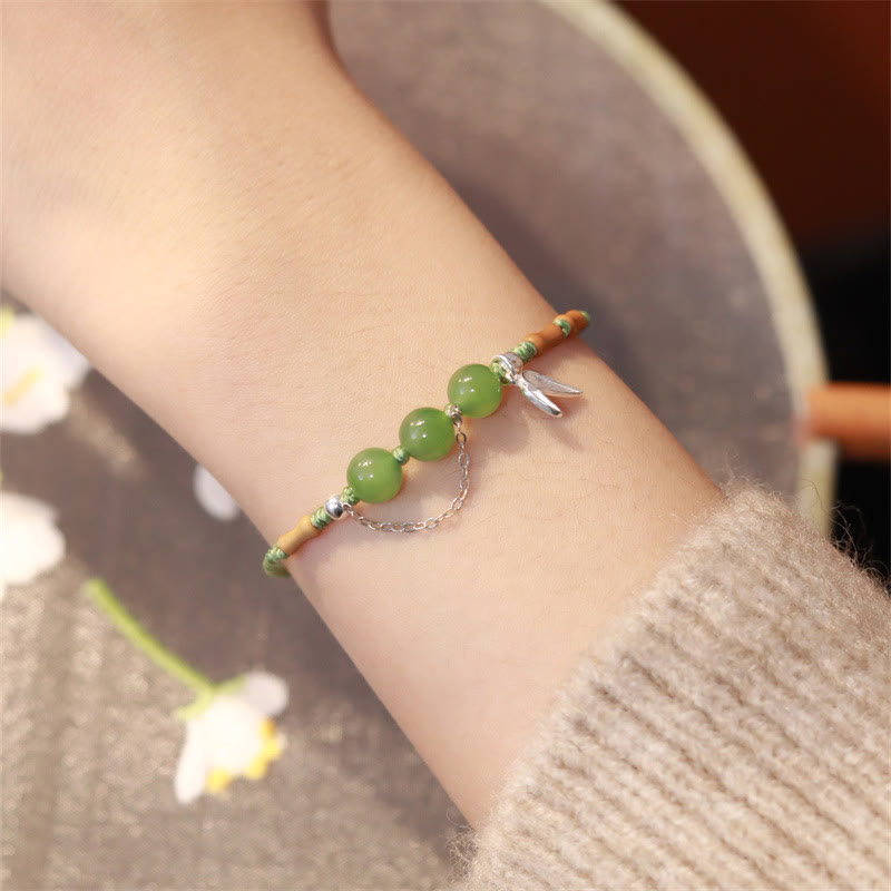 Bracelet tressé en argent sterling 925 avec pierres de Bouddha, feuilles de bambou, jade Hetian, perles de calcédoine et bénédiction 