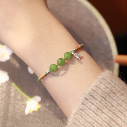 Bracelet tressé en argent sterling 925 avec pierres de Bouddha, feuilles de bambou, jade Hetian, perles de calcédoine et bénédiction 
