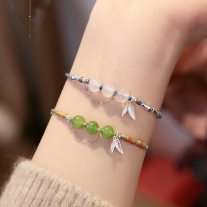 Bracelet tressé en argent sterling 925 avec pierres de Bouddha, feuilles de bambou, jade Hetian, perles de calcédoine et bénédiction 