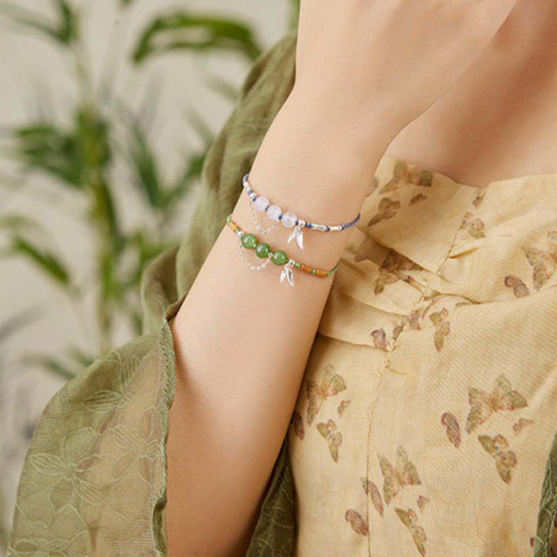 Bracelet tressé en argent sterling 925 avec pierres de Bouddha, feuilles de bambou, jade Hetian, perles de calcédoine et bénédiction 