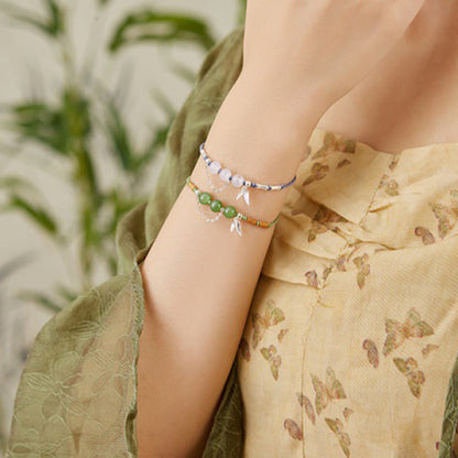 Bracelet tressé en argent sterling 925 avec pierres de Bouddha, feuilles de bambou, jade Hetian, perles de calcédoine et bénédiction 