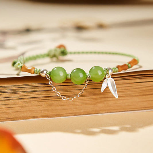Bracelet tressé en argent sterling 925 avec pierres de Bouddha, feuilles de bambou, jade Hetian, perles de calcédoine et bénédiction 