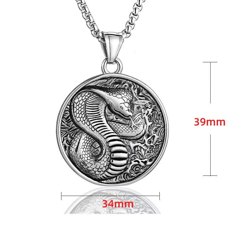 Collier pendentif année du serpent en acier titane et équilibre calme 