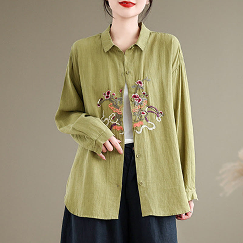 Buddha Stones Flower Embroidery Long Sleeve Cotton Linen Women's Shirts