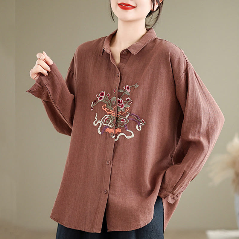 Buddha Stones Flower Embroidery Long Sleeve Cotton Linen Women's Shirts