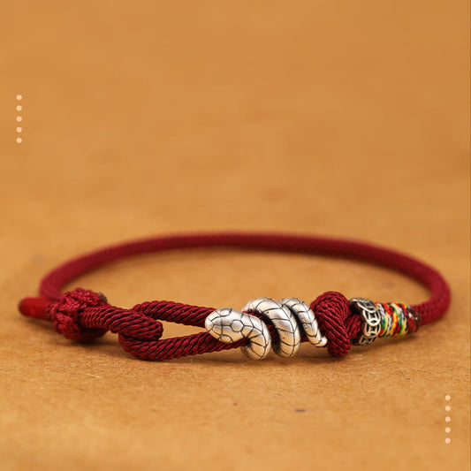 Bague en argent sterling 925 avec pierres de Bouddha et fil rouge, bracelet porte-bonheur serpent, année du serpent 
