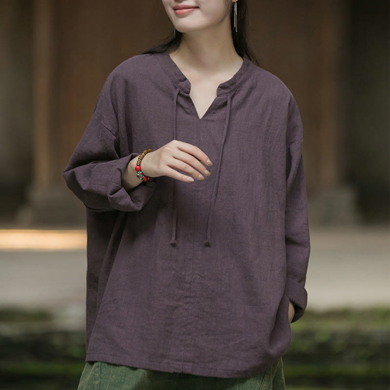 Buddha Stones Retro Solid Color Long Sleeve Ramie Linen Women's Shirt