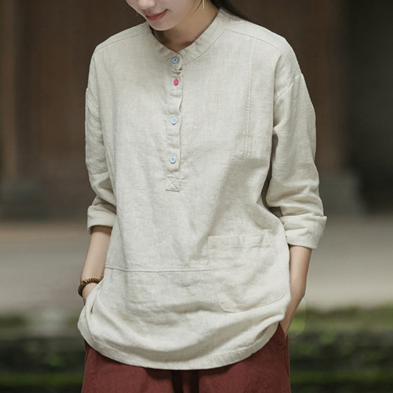 Buddha Stones Solid Color Long Sleeve Ramie Linen Half Button Women's Shirt