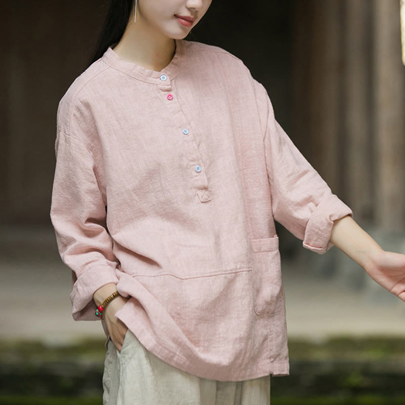 Buddha Stones Solid Color Long Sleeve Ramie Linen Half Button Women's Shirt