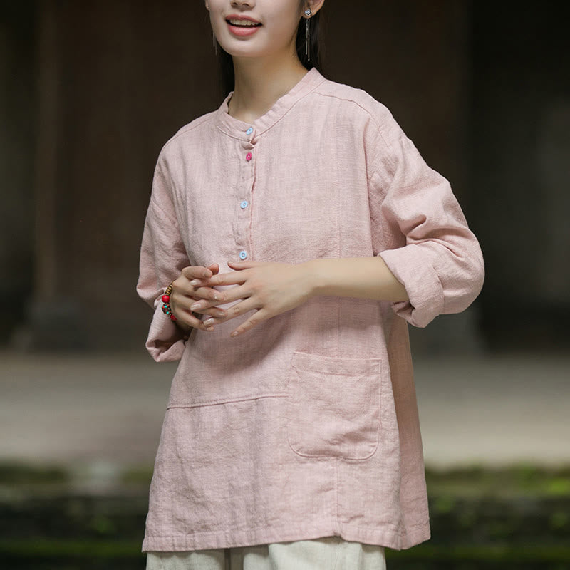 Buddha Stones Solid Color Long Sleeve Ramie Linen Half Button Women's Shirt