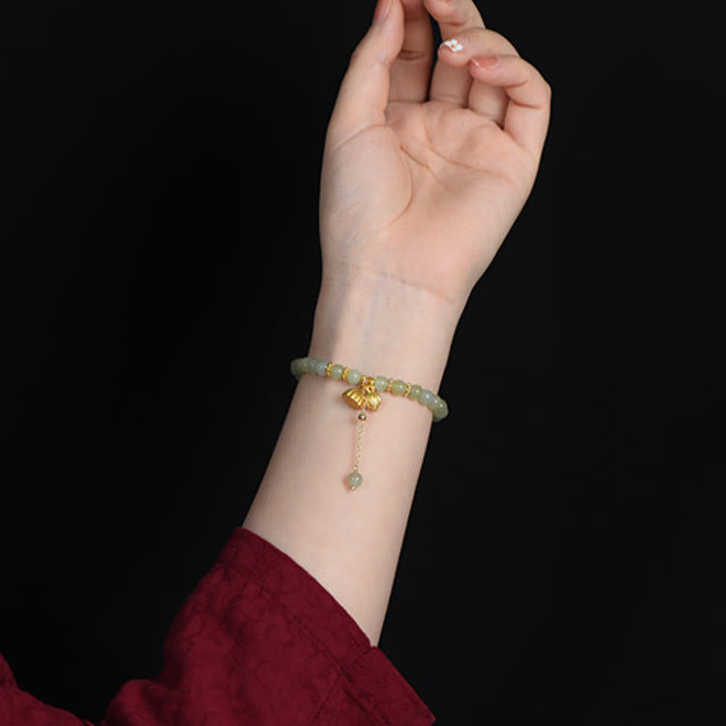Bracelet porte-bonheur en jade naturel Hetian avec pierres de Bouddha et lotus