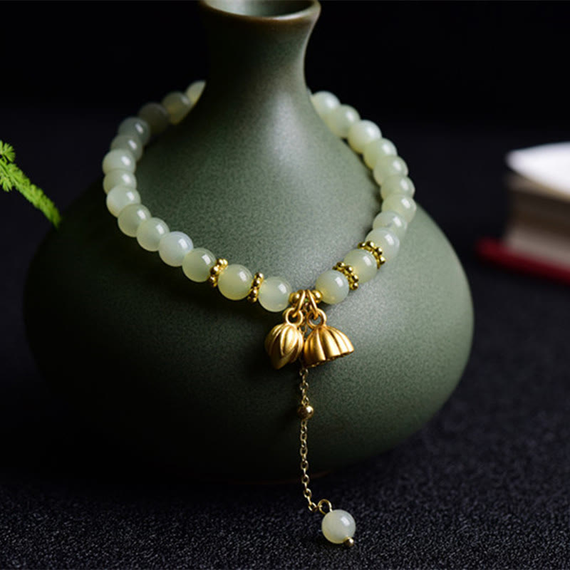 Bracelet porte-bonheur en jade naturel Hetian avec pierres de Bouddha et lotus