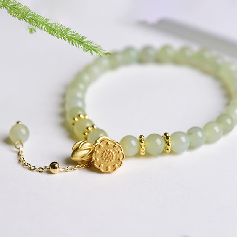 Bracelet porte-bonheur en jade naturel Hetian avec pierres de Bouddha et lotus