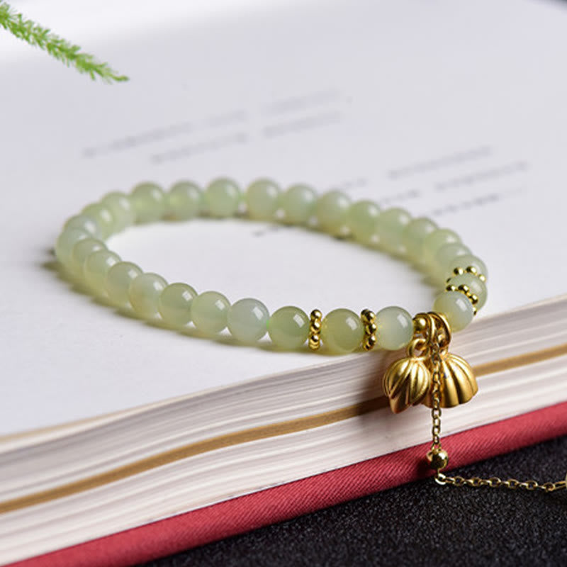 Bracelet porte-bonheur en jade naturel Hetian avec pierres de Bouddha et lotus