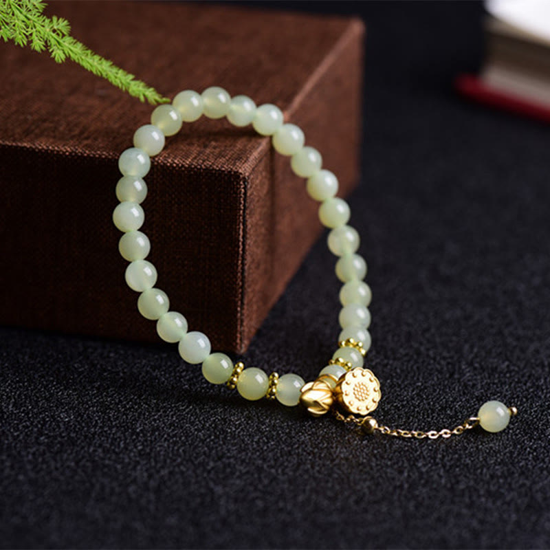 Bracelet porte-bonheur en jade naturel Hetian avec pierres de Bouddha et lotus