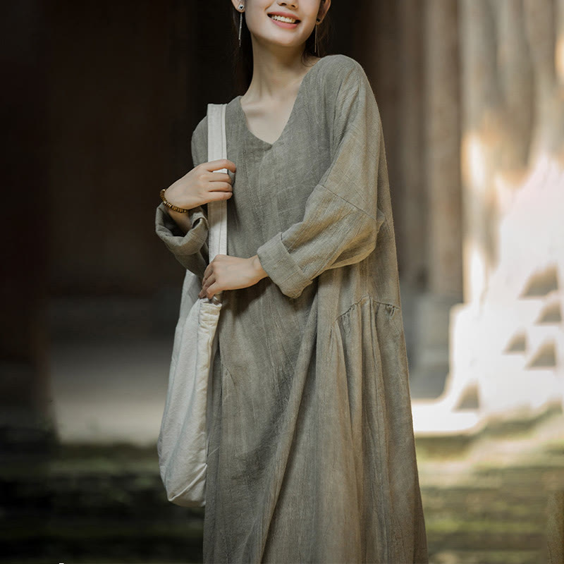 Buddha Stones Solid Color Chinese V-neck Long Sleeve Ramie Linen Midi Dress