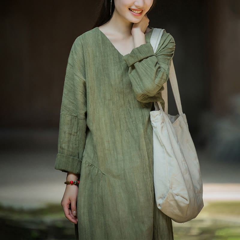 Buddha Stones Solid Color Chinese V-neck Long Sleeve Ramie Linen Midi Dress