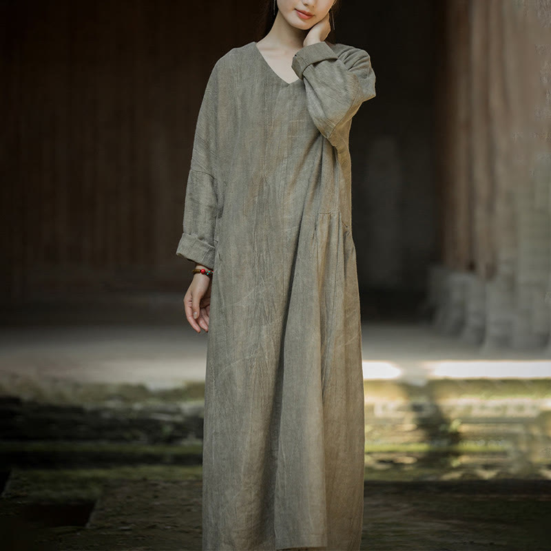 Buddha Stones Solid Color Chinese V-neck Long Sleeve Ramie Linen Midi Dress