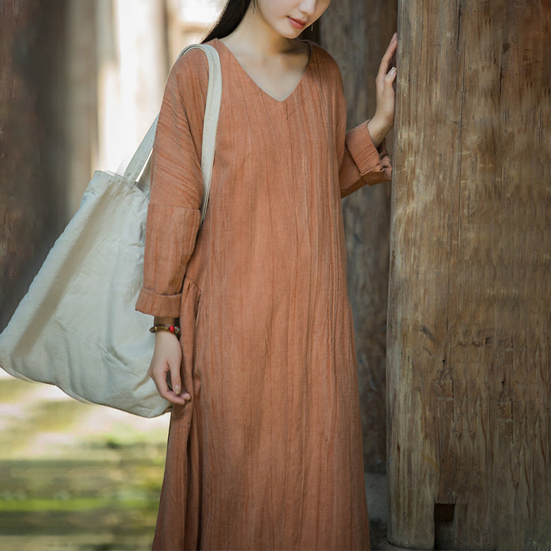 Buddha Stones Solid Color Chinese V-neck Long Sleeve Ramie Linen Midi Dress