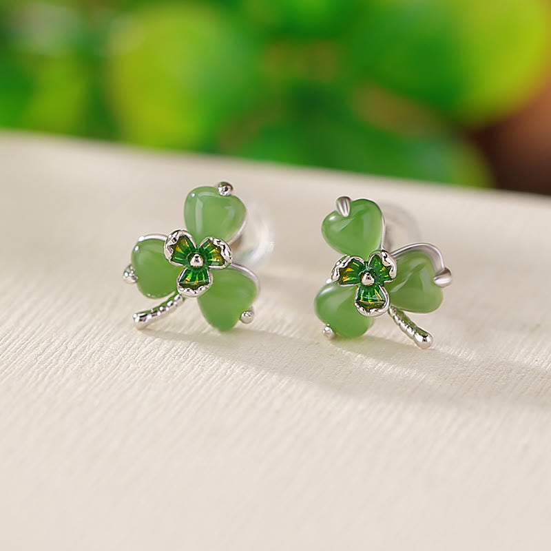 Boucles d'oreilles porte-bonheur en argent sterling 925, émaillées, jade Hetian, trèfle, pierres de Bouddha