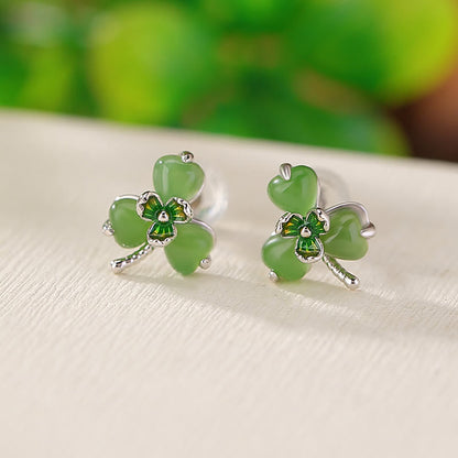Boucles d'oreilles porte-bonheur en argent sterling 925, émaillées, jade Hetian, trèfle, pierres de Bouddha