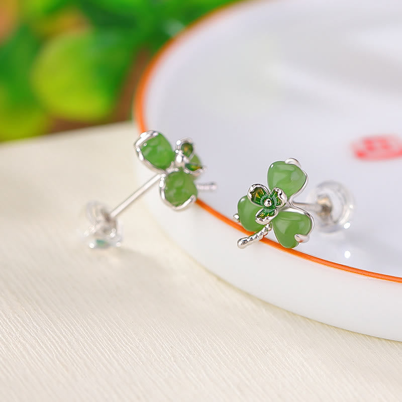 Boucles d'oreilles porte-bonheur en argent sterling 925, émaillées, jade Hetian, trèfle, pierres de Bouddha