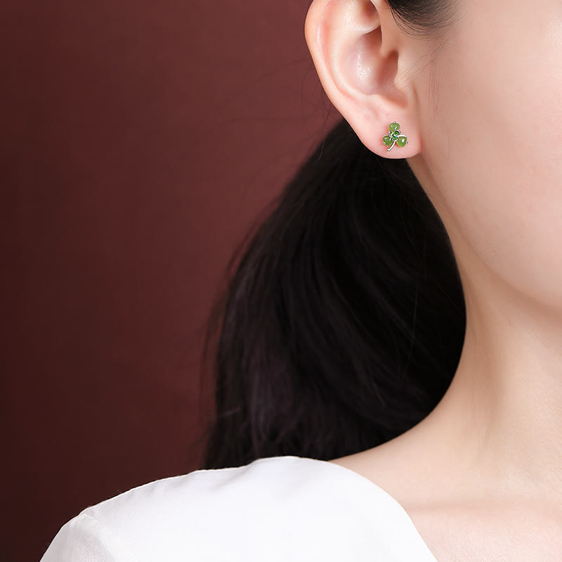 Boucles d'oreilles porte-bonheur en argent sterling 925, émaillées, jade Hetian, trèfle, pierres de Bouddha