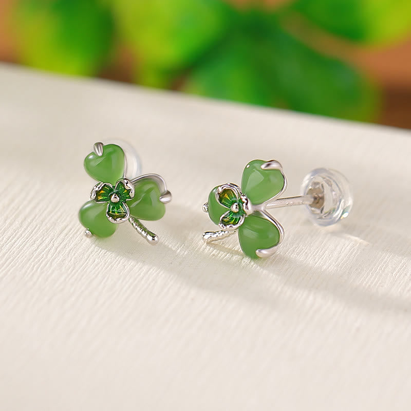 Boucles d'oreilles porte-bonheur en argent sterling 925, émaillées, jade Hetian, trèfle, pierres de Bouddha