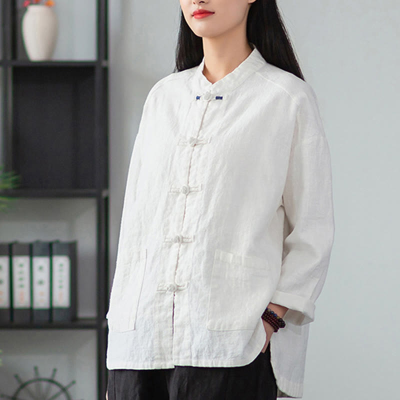 Buddha Stones Solid Color Frog-button Long Sleeve Linen Women's Shirts With Pockets