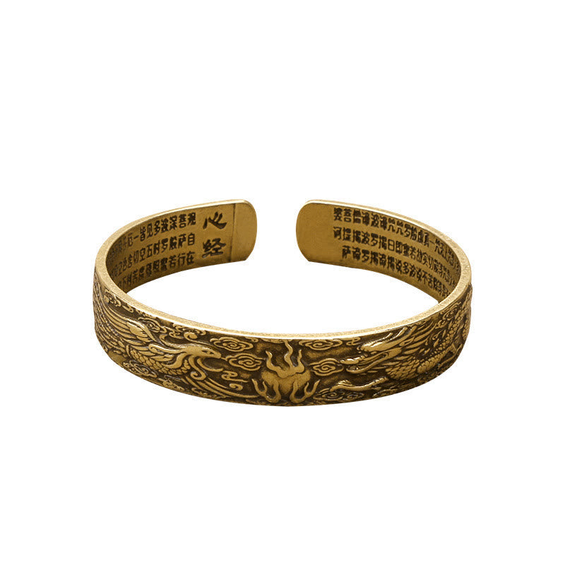 Buddha Stones Dragon And Phoenix Playing With A Pearl Heart Sutra Carved Copper Luck Bracelet Bangle