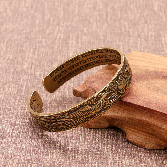 Bracelet porte-bonheur en cuivre sculpté avec pierres de Bouddha, dragon et phénix jouant avec une perle, Sutra du cœur
